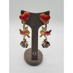 Berbei Long Cherub heart and present dangle Pierced Earrings